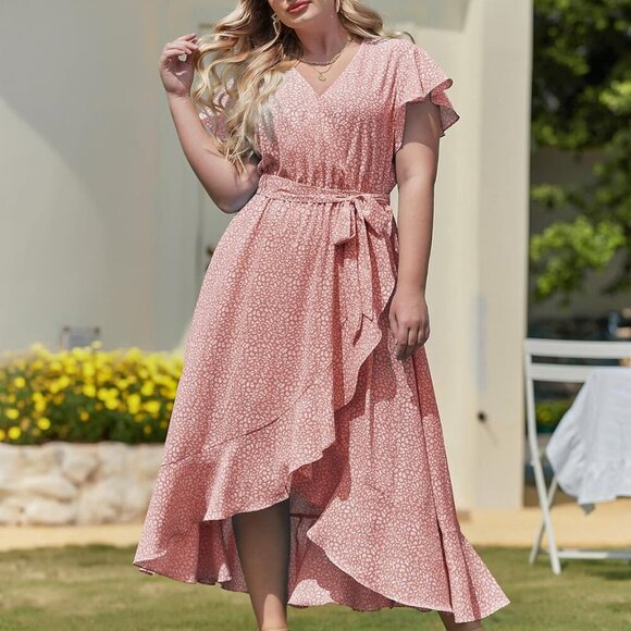 Plus Size Women's Floral Summer Dress Boho Maxi V Neck Short Sleeve - Picture 7 of 7